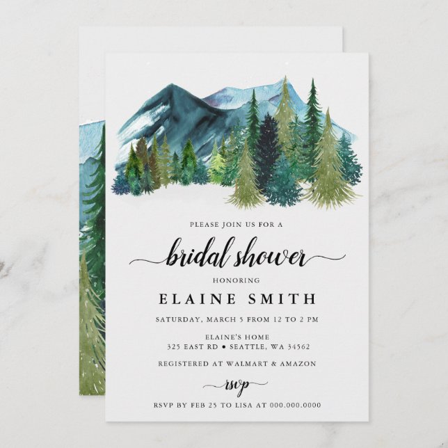 Rustic Watercolor Mountains Pine Bridal Shower Invitation (Front/Back)