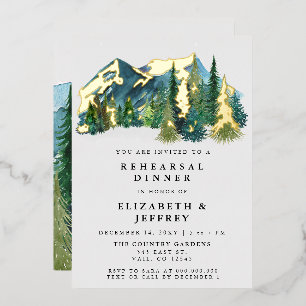 Rustic Watercolor Mountains Pine Rehearsal Dinner