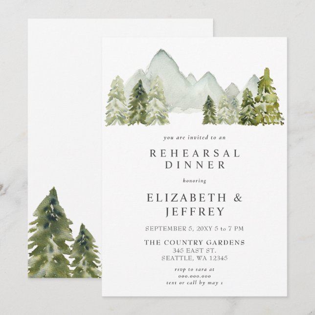 Rustic Watercolor Mountains Pine Rehearsal Dinner Invitation (Front/Back)