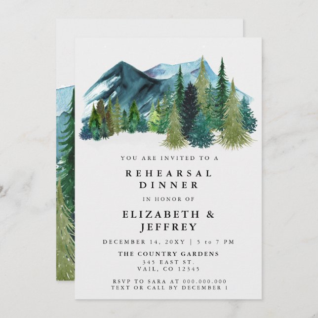 Rustic Watercolor Mountains Pine Rehearsal Dinner  Invitation (Front/Back)