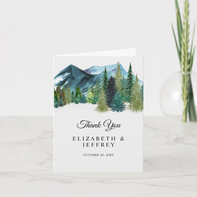 Rustic Watercolor Mountains Pine Thank You Card (Front)