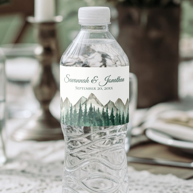 Rustic Watercolor Mountains & Pine Trees Wedding Water Bottle Label (Creator Uploaded)