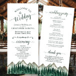 Rustic Watercolor Mountains & Pine Wedding Programme<br><div class="desc">This wedding program is rustic and outdoorsy while still being stylish and beautiful. It features a watercolor landscape of rugged mountain peaks with pine trees in the foreground. The titles are written in fancy forest green coloured script calligraphy, and there is space for your ceremony and wedding party details, as...</div>
