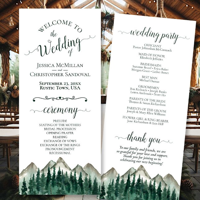 Rustic Watercolor Mountains & Pine Wedding Programme (Front/Back)