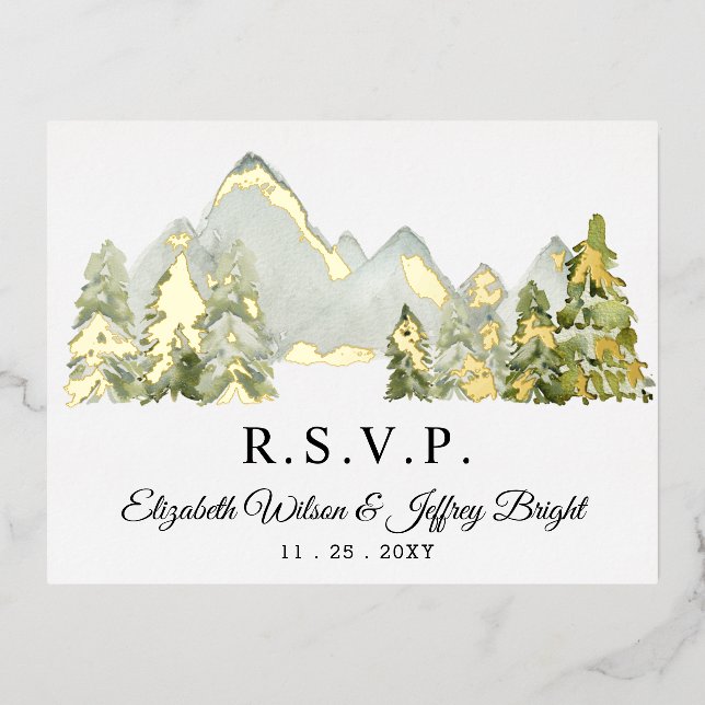 Rustic Watercolor Mountains Pine Winter RSVP   Foil Invitation Postcard (Front)