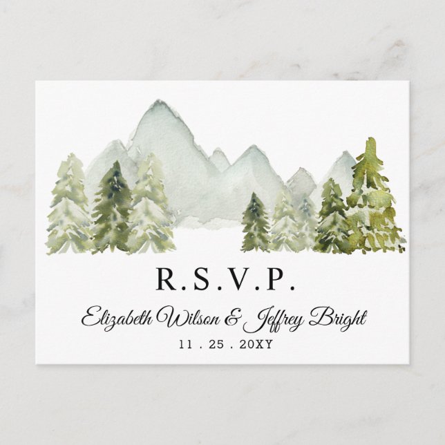 Rustic Watercolor Mountains Pine Winter RSVP  Invitation Postcard (Front)