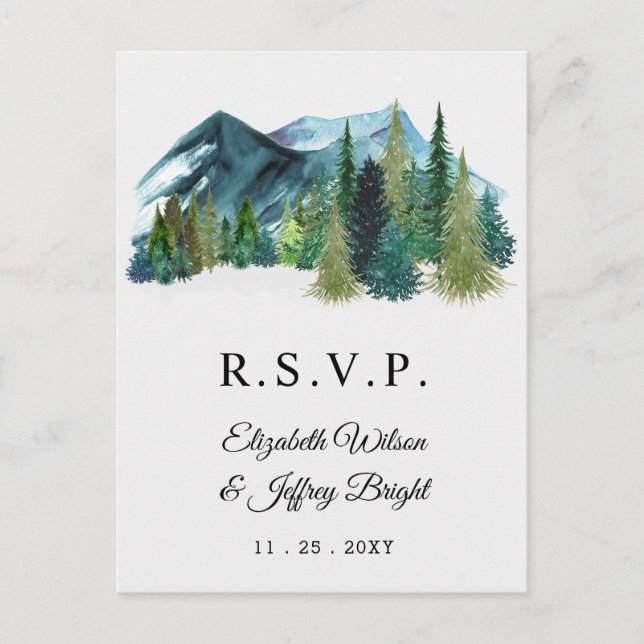 Rustic Watercolor Mountains Pine Winter RSVP   Invitation Postcard (Front)