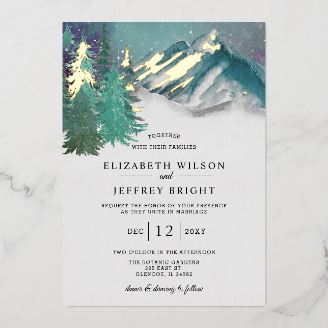 Rustic Watercolor Mountains Pine Winter Wedding  (Front)