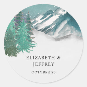 Rustic Watercolor Mountains Pine Winter Wedding   Classic Round Sticker