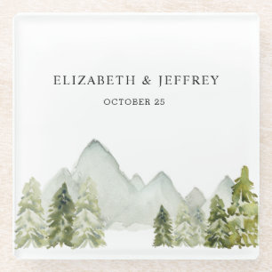 Rustic Watercolor Mountains Pine Winter Wedding  Glass Coaster