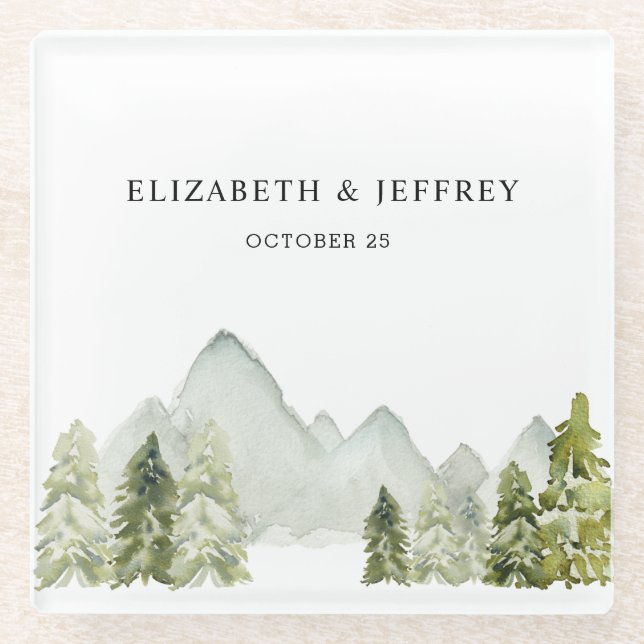 Rustic Watercolor Mountains Pine Winter Wedding  Glass Coaster (Front)