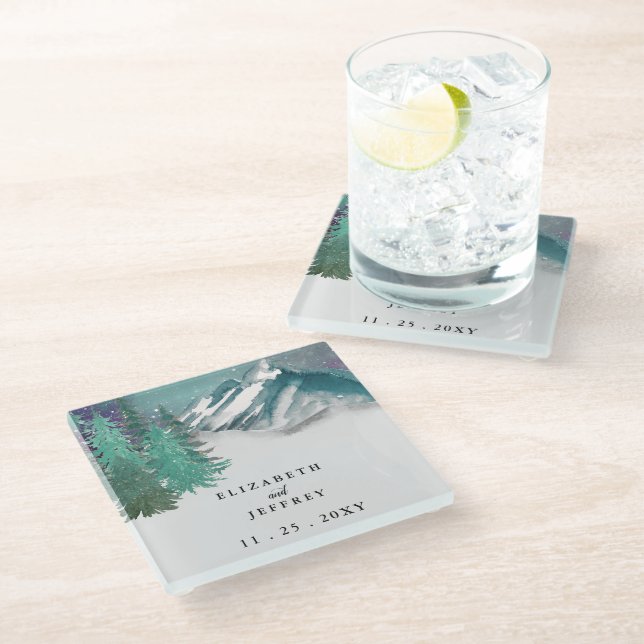 Rustic Watercolor Mountains Pine Winter Wedding   Glass Coaster (Angled)