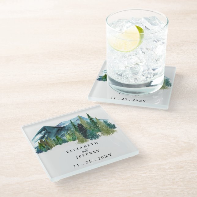 Rustic Watercolor Mountains Pine Winter Wedding   Glass Coaster (Angled)