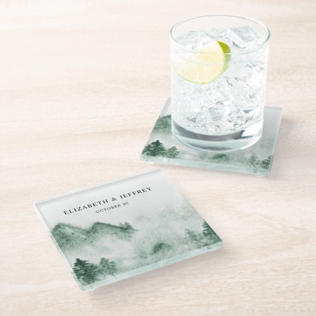Rustic Watercolor Mountains Pine Winter Wedding  Glass Coaster (Angled)