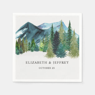 Rustic Watercolor Mountains Pine Winter Wedding Napkin
