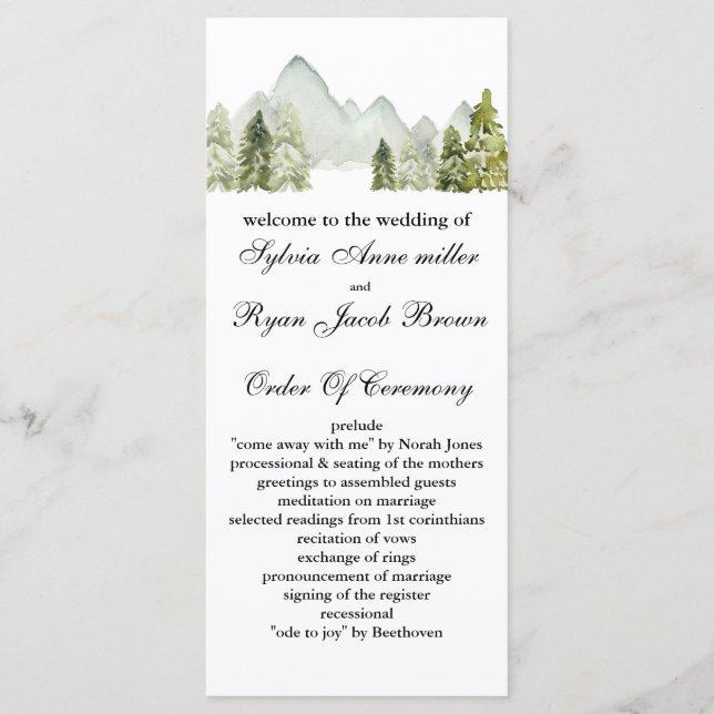 Rustic Watercolor Mountains Pine Winter Wedding Programme (Front)
