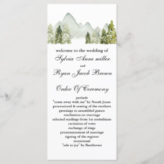 Rustic Watercolor Mountains Pine Winter Wedding Programme