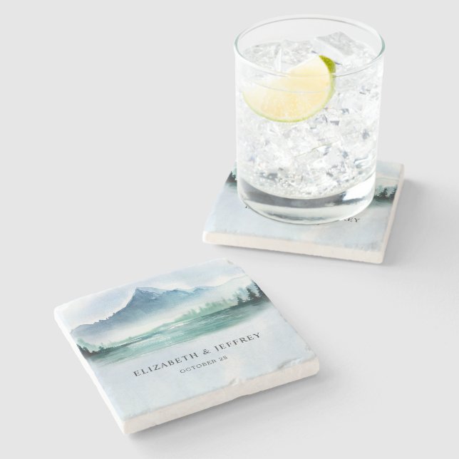 Rustic Watercolor Mountains Pine Winter Wedding Stone Coaster (Side)
