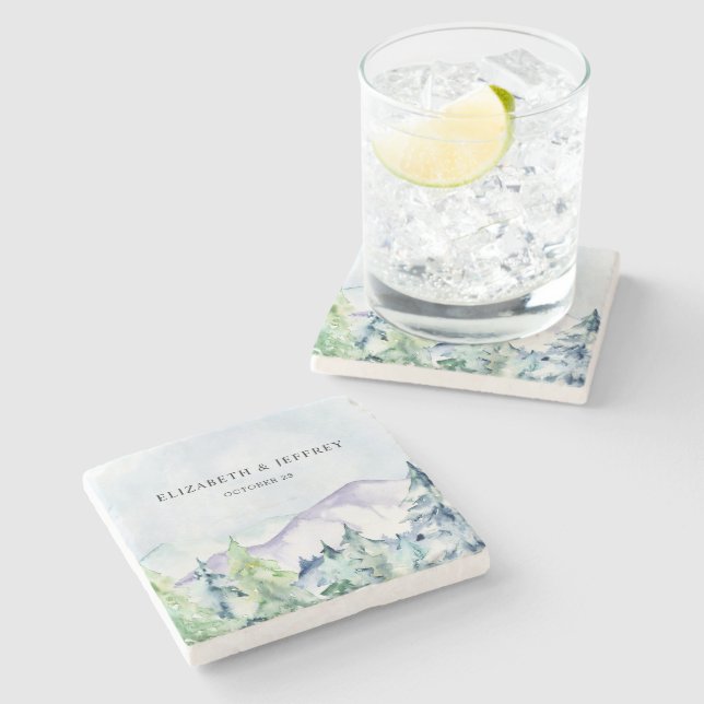 Rustic Watercolor Mountains Pine Winter Wedding Stone Coaster (Side)