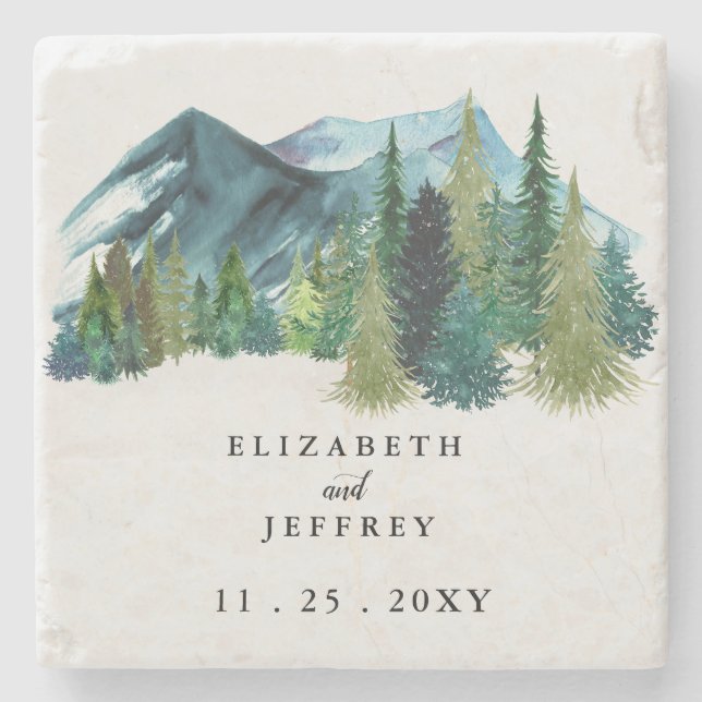Rustic Watercolor Mountains Pine Winter Wedding   Stone Coaster (Front)