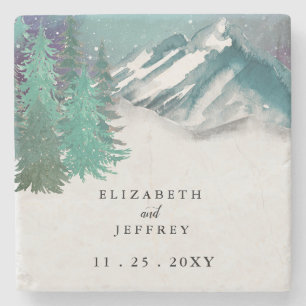 Rustic Watercolor Mountains Pine Winter Wedding   Stone Coaster
