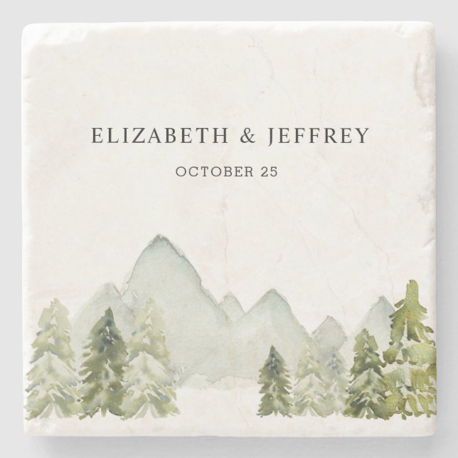 Rustic Watercolor Mountains Pine Winter Wedding Stone Coaster (Front)