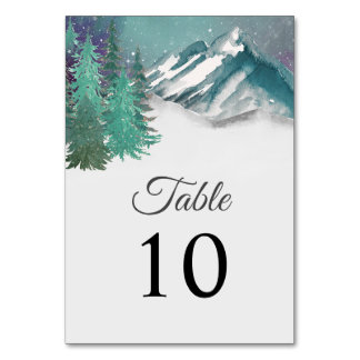 Rustic Watercolor Mountains Pine Winter Wedding Table Number