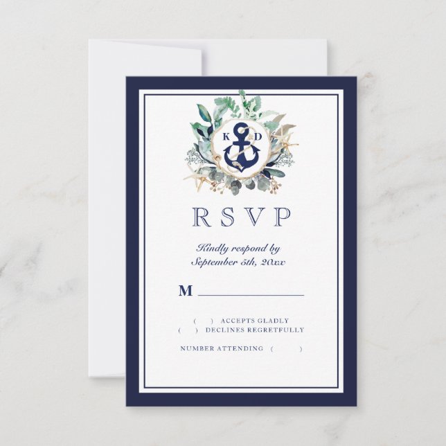 Rustic Watercolor Navy Anchor Greenery Wreath RSVP Card (Front)