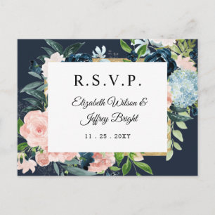 Rustic Watercolor Navy Blush Gold Floral RSVP Inv Invitation Postcard
