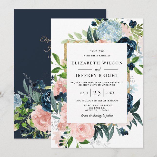Rustic Watercolor Navy Blush Gold Floral Wedding Invitation (Front/Back)
