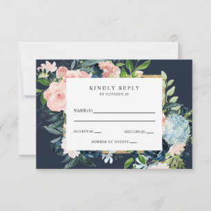 Rustic Watercolor Navy Blush Gold Floral Wedding R RSVP Card