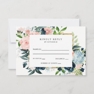 Rustic Watercolor Navy Blush Gold Floral Wedding RSVP Card