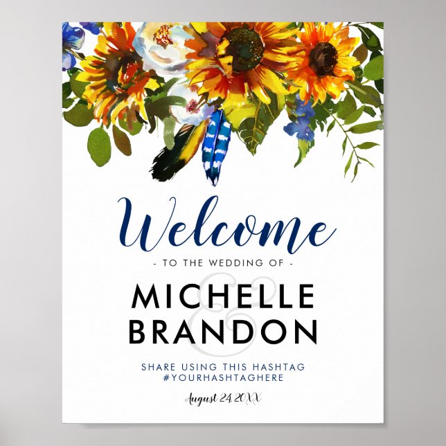 Rustic Watercolor Navy Sunflower Wedding Welcome Poster (Front)