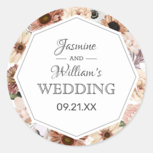 Rustic Watercolor Neutral Boho Floral Wedding Classic Round Sticker
