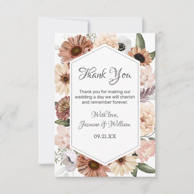 Rustic Watercolor Neutral Boho Floral Wedding Thank You Card (Front)