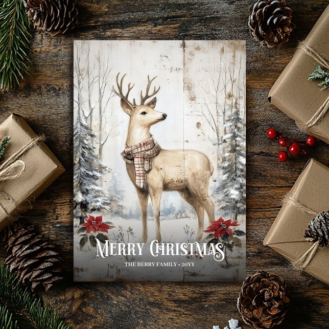 Rustic Watercolor Neutral Colors Christmas Deer Holiday Card (Whimsical Watercolor Neutral Colors Christmas Wreath Card)
