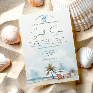 Rustic Watercolor Ocean Beach & Palm Tree Wedding  Invitation