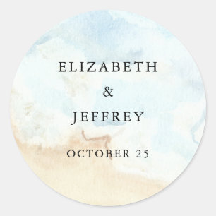 Rustic Watercolor Ocean Sea Summer Beach Wedding Classic Round Sticker