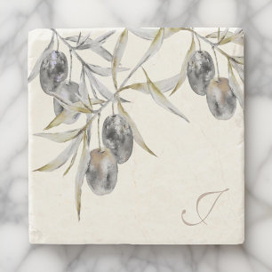 Rustic Watercolor Olive Branch Monogram Stone Coaster