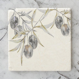 Rustic Watercolor Olive Branch Stone Coaster