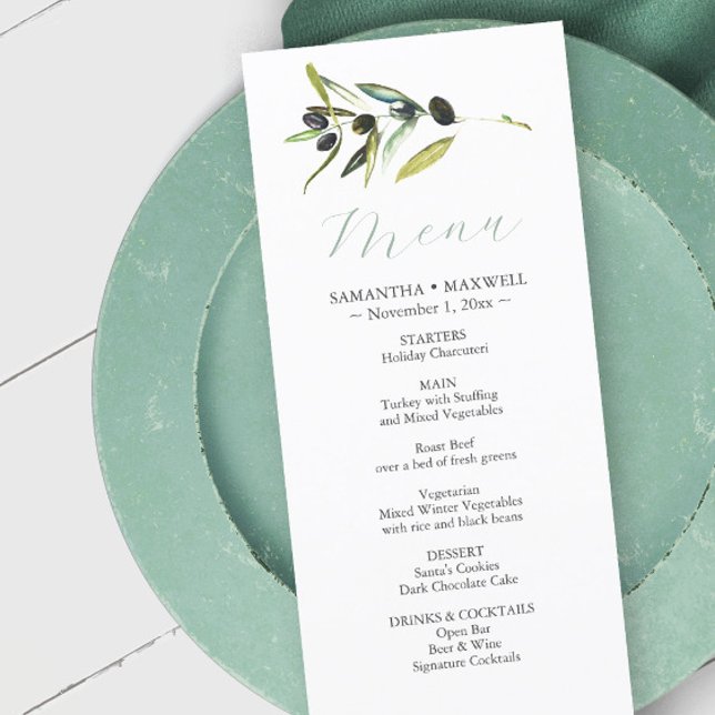Rustic Watercolor Olive Branch Wedding Decor Menus (wedding menu card botanical watercolor stationery olive branch)