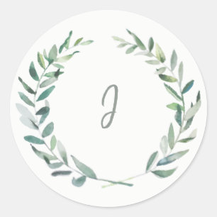 Rustic watercolor olive leaves monogram classic round sticker
