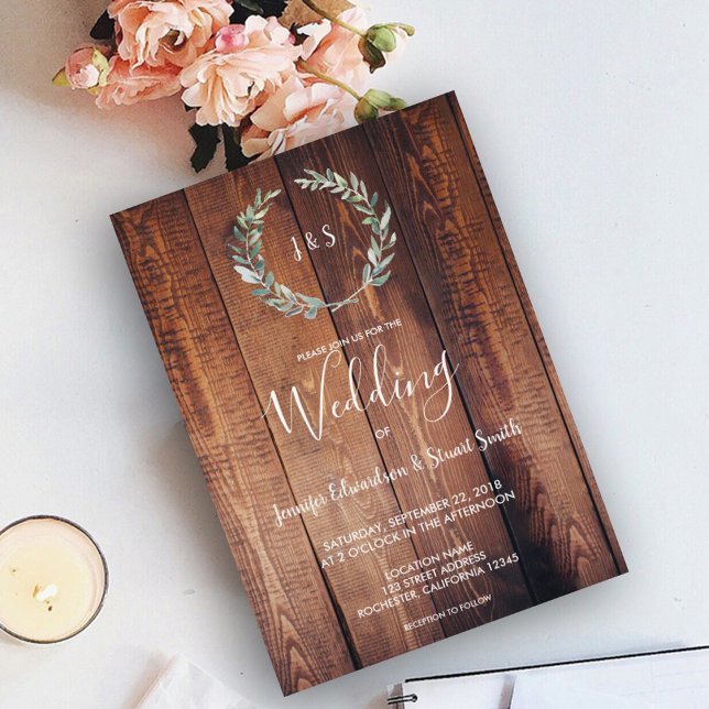 Rustic watercolor olive leaves monogram Wedding Invitation (Creator Uploaded)