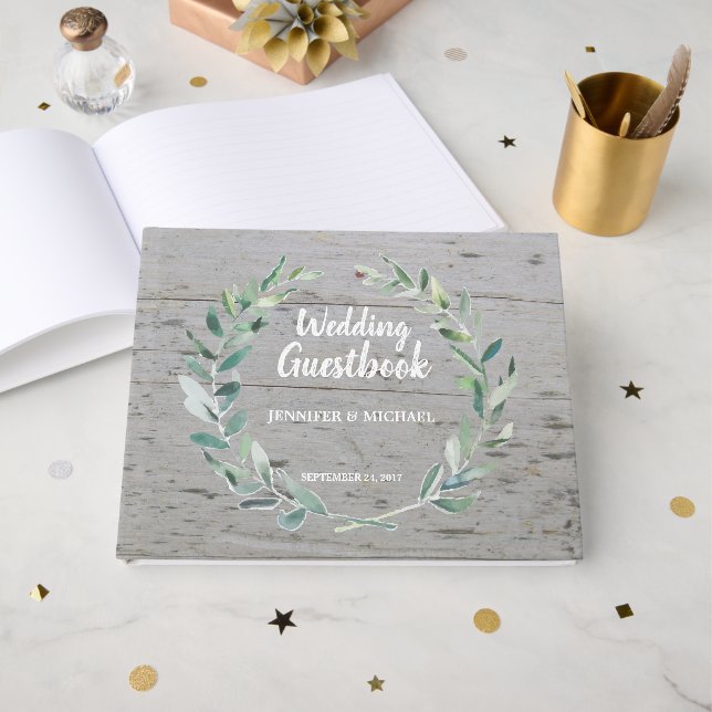 Rustic Watercolor olive leaves wood Wedding Guest Book (Front Open)