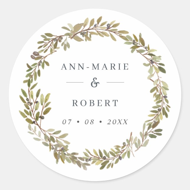 Rustic Watercolor Olive Wreath Wedding Classic Round Sticker (Front)