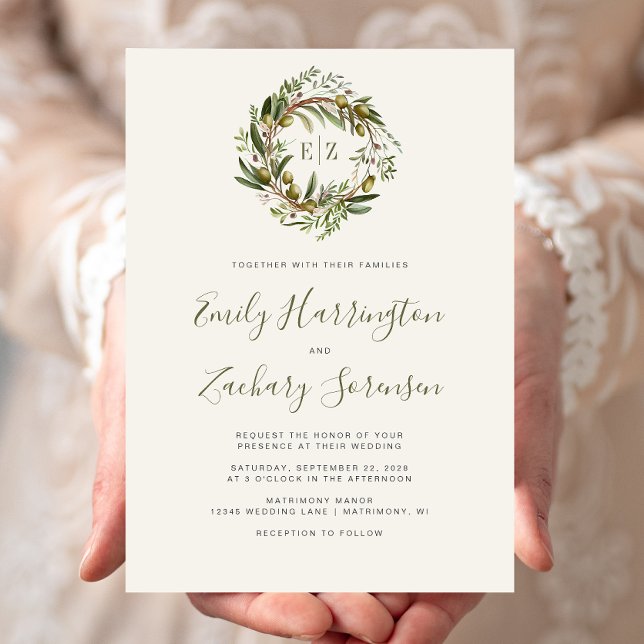 Rustic Watercolor Olive Wreath Wedding Invitation (Creator Uploaded)