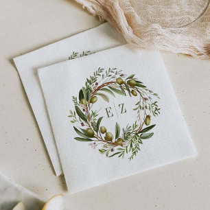 Rustic Watercolor Olive Wreath Wedding Napkin