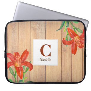 Rustic Watercolor Orange Lily Art Monogram Laptop Sleeve