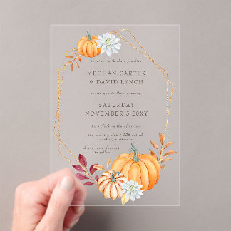 Rustic Watercolor Orange Pumpkins Fall Wedding Acrylic Invitations