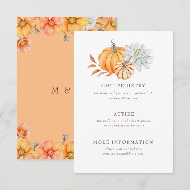 Rustic Watercolor Orange Pumpkins Fall Wedding Enclosure Card (Front/Back)